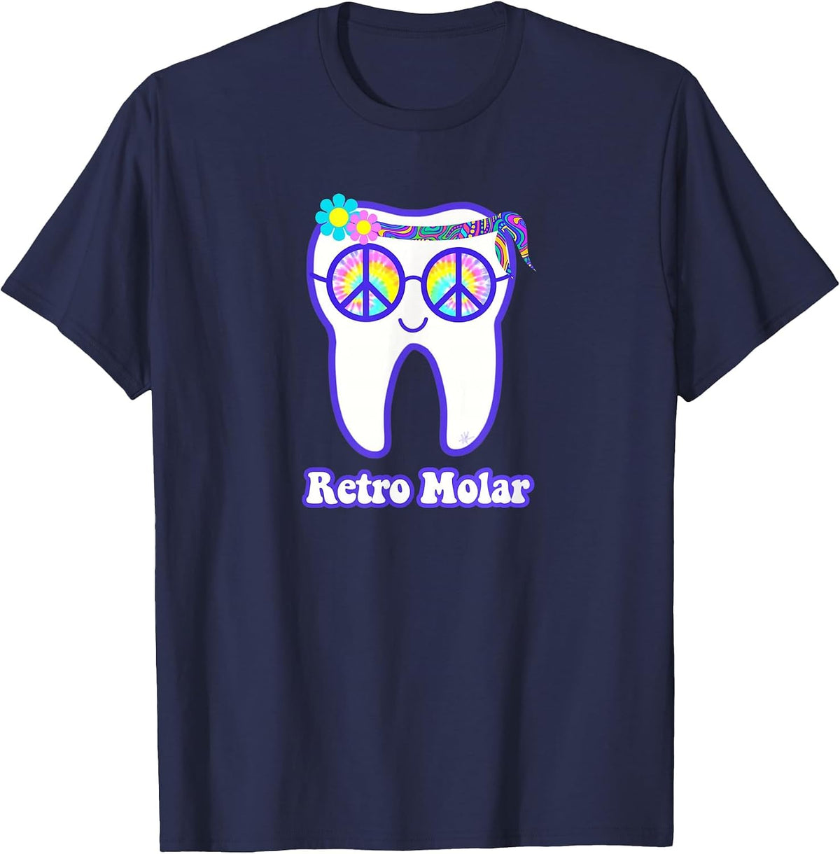 Retro Molar Tooth Hippie Peace Dental Hygienist Dentist RDH T-Shirt - Navy Blue