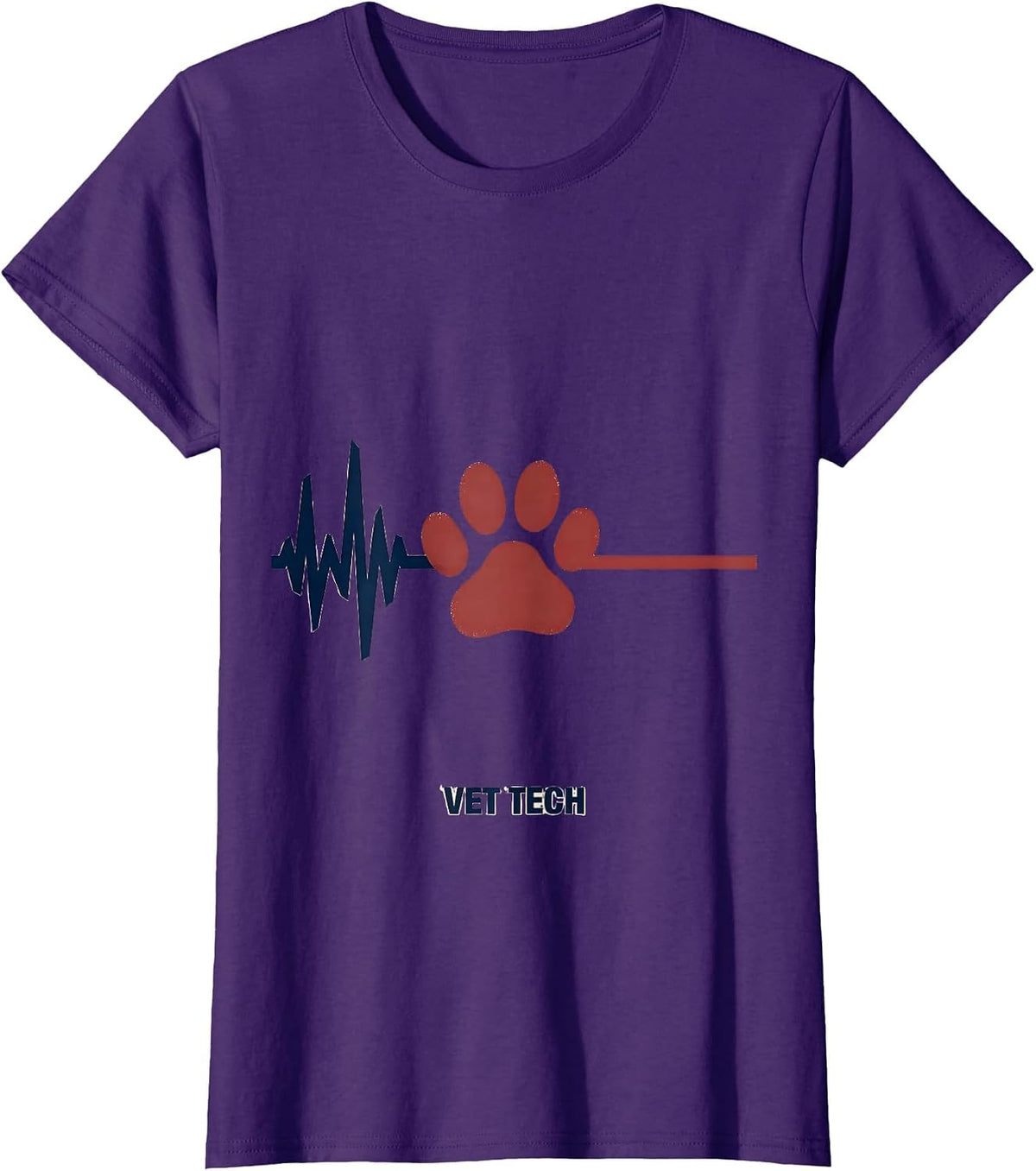 Women's EKG Pulse Line Paw Print Stencil Graphic Vet Tech T-Shirt - Purple