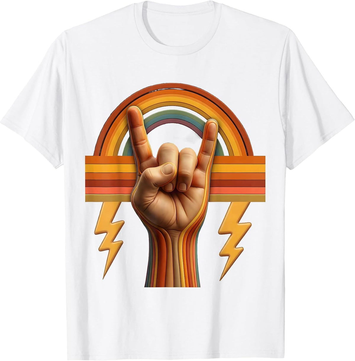80s Rock Metal Horns Hand Sign Lightning Bolt T-Shirt - White