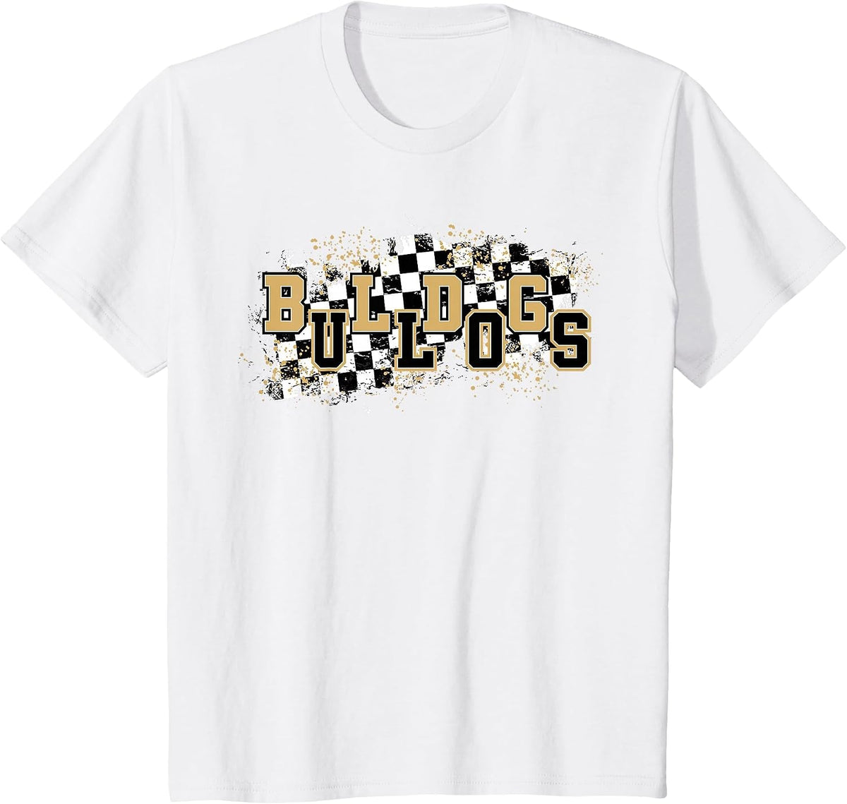 Bulldogs Checkered Print School Spirit Game Day Bulldog Gold T-Shirt - White