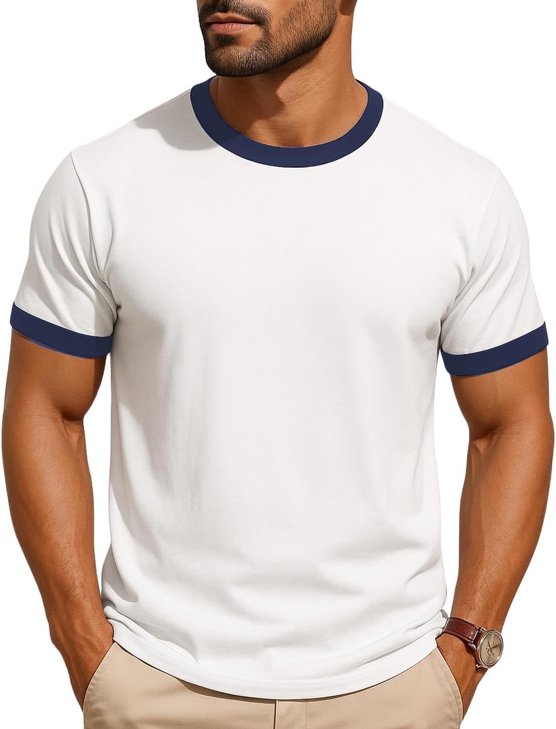JustBlanks Men's Ringer Tee Shirt – 100% Cotton Short Sleeve Tshirt for Men - White\/ Navy