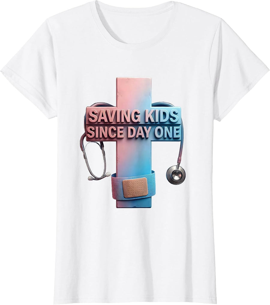 Women's Saving Kids Since Day One School Nurse Design T-Shirt - White