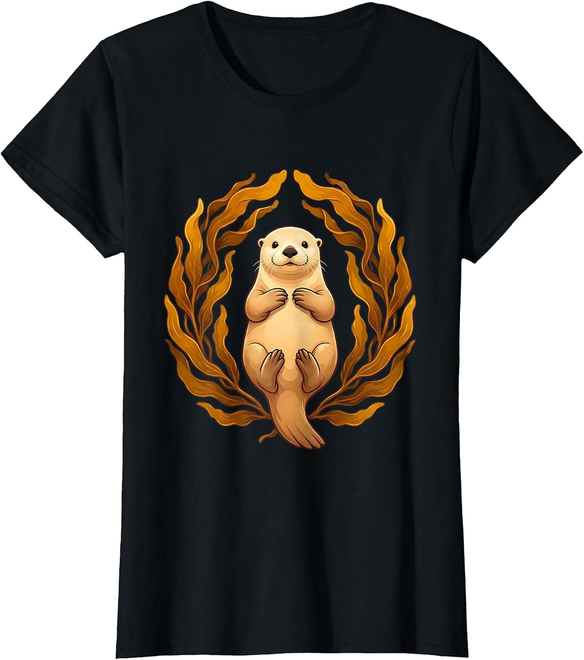Women's Sea Otter Floating in Kelp Illustration T-Shirt - Black