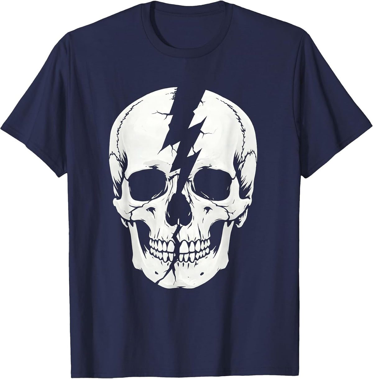 Men's Skull Lightning Bolt Crack Metal Graphic Design T-Shirt - Navy Blue