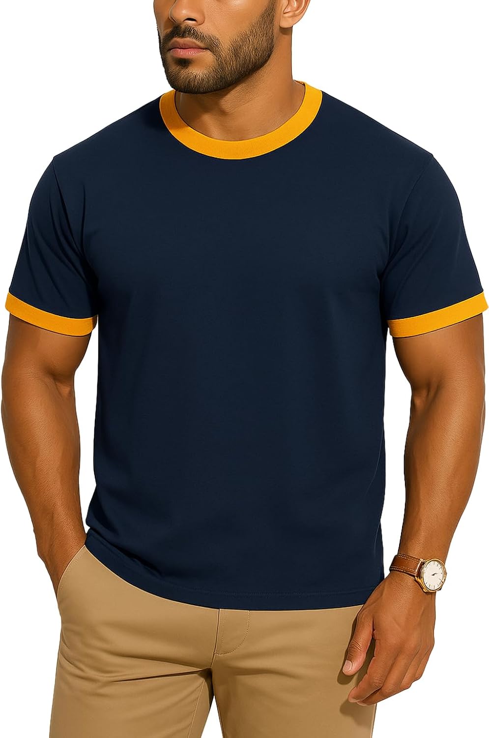 JustBlanks Men's Ringer Tee Shirt – 100% Cotton Short Sleeve Tshirt for Men - Navy\/ Gold