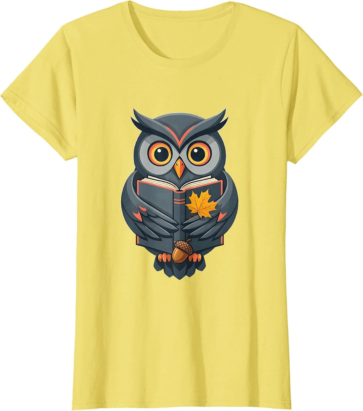 Round-Eyed Owl Book Lover Flat Vector Fall Gift T-Shirt - Lemon Yellow