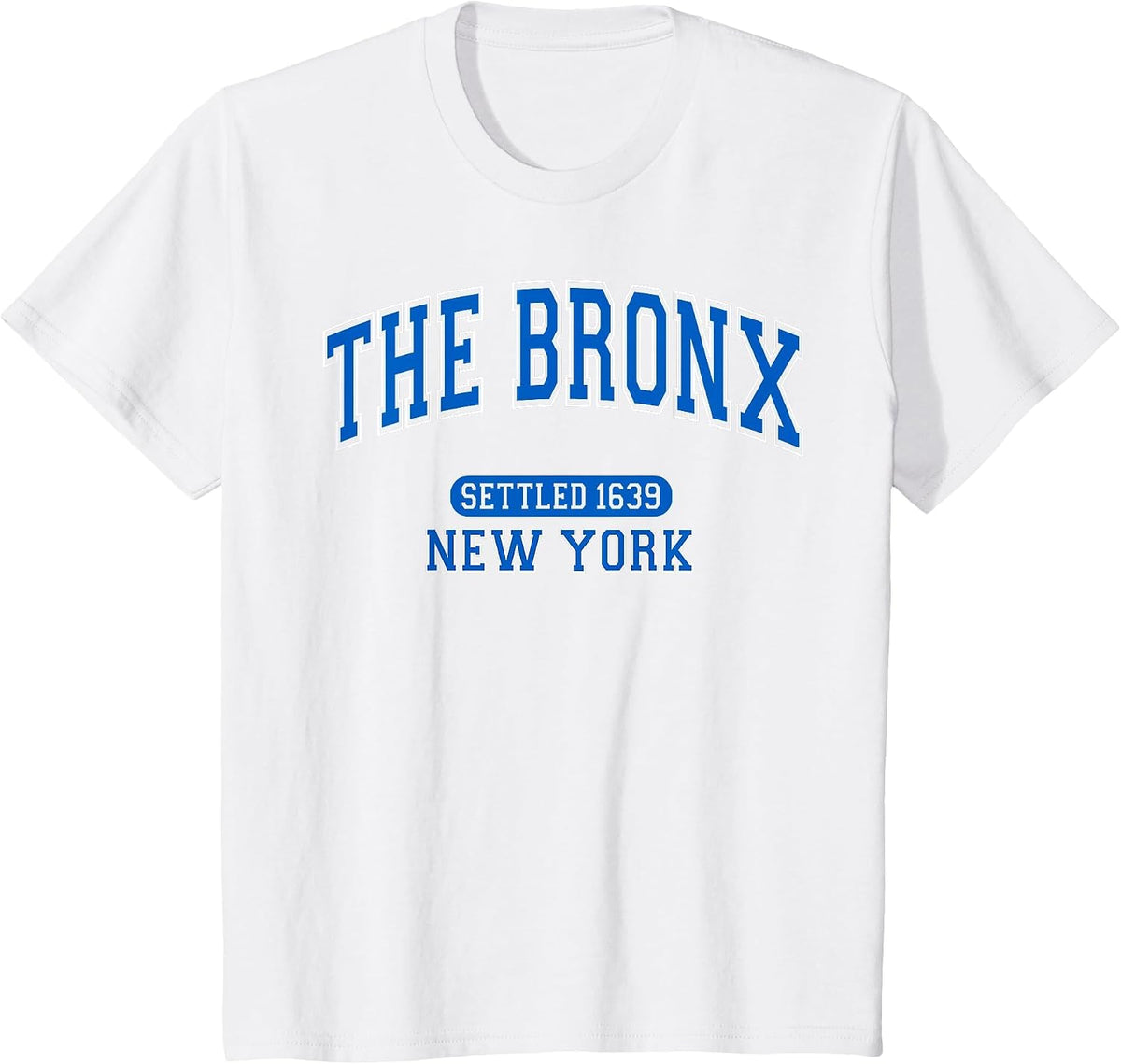 The Bronx New York Settled 1639 Vintage Sports Arched Blue T-Shirt - White