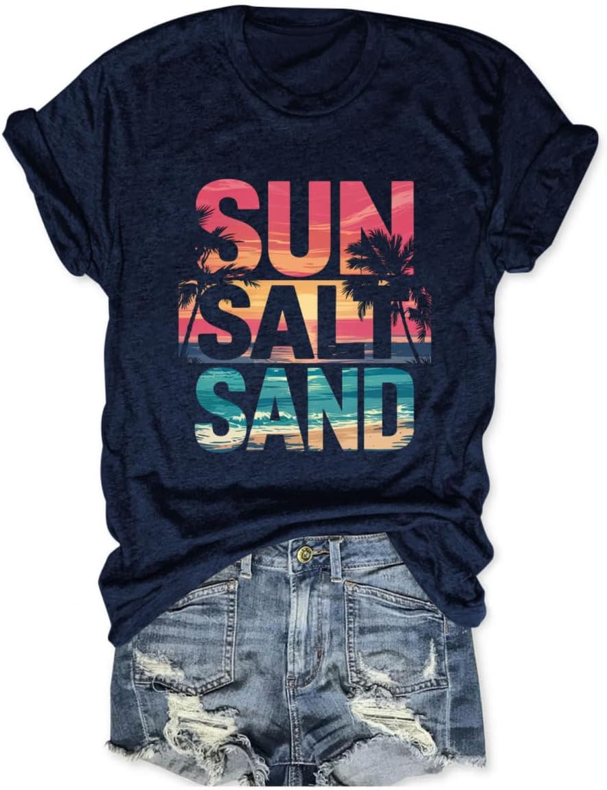 Beach Shirts for Women Sun Salt Sand Tshirt Summer Vacation Crew Neck Coconut Graphic Tees Lake Life T-Shirt - Navy Blue