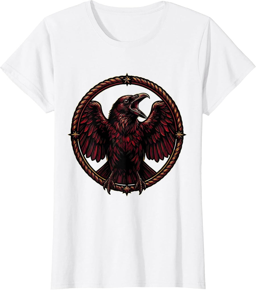 Women's Raven Mid-Caw Open Beak Illustration T-Shirt - White
