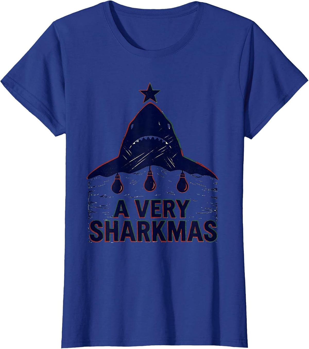 Women's A Very Sharkmas Linocut Shark Lover Christmas Pun Humor T-Shirt - Royal Blue
