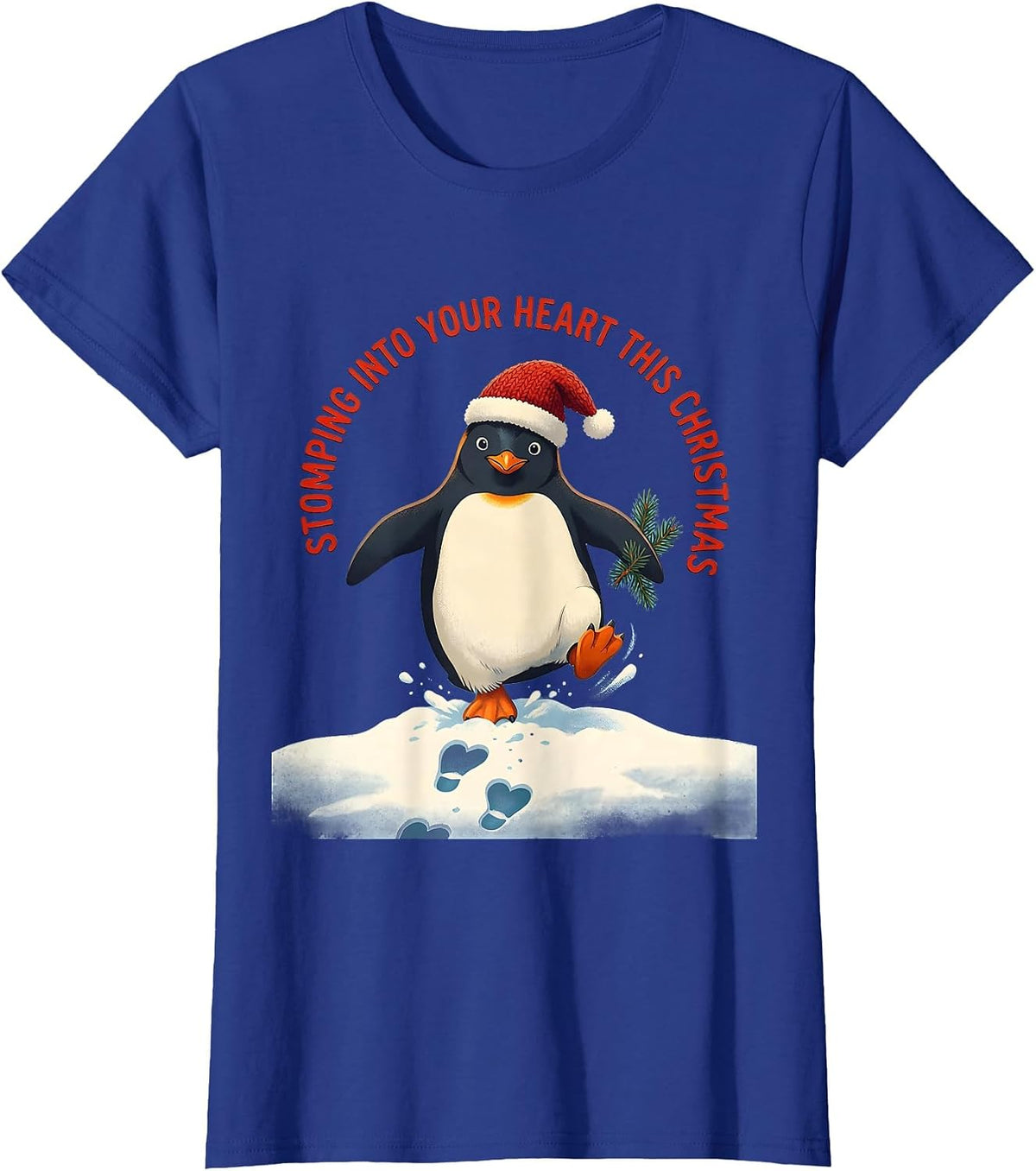Women's Stomping Into Your Heart This Christmas Funny Penguin Lover T-Shirt - Royal Blue
