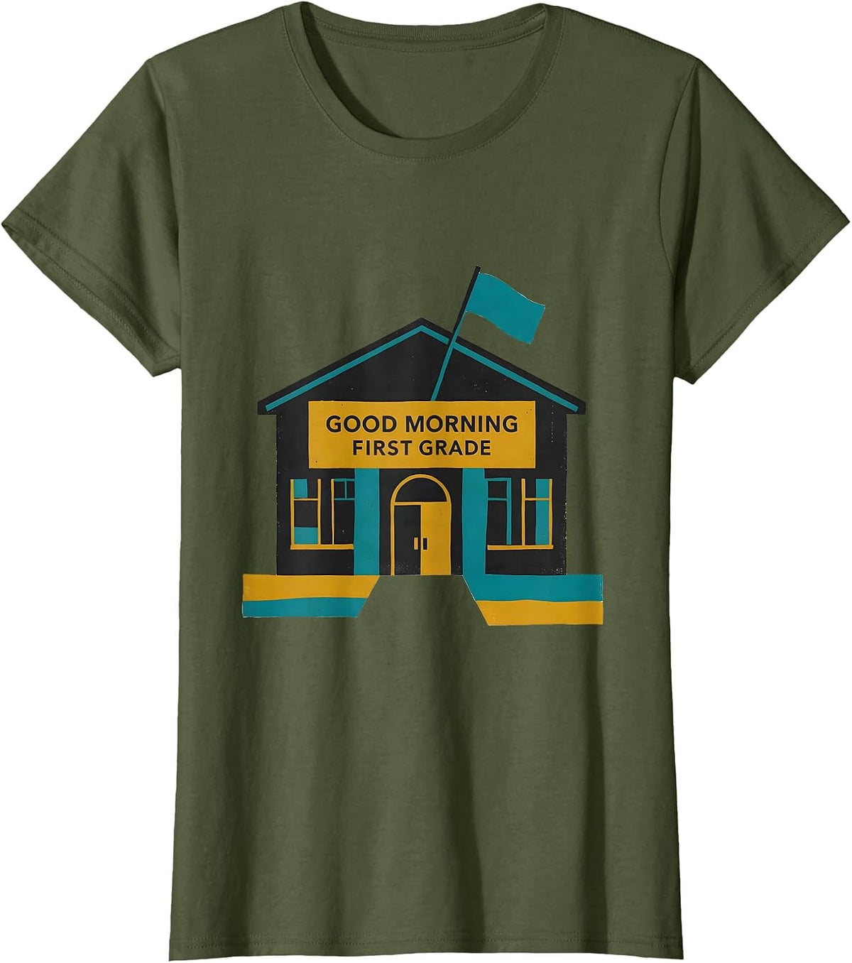 Women's Good Morning First Grade Midcentury Modern Teacher Student T-Shirt - Olive Green