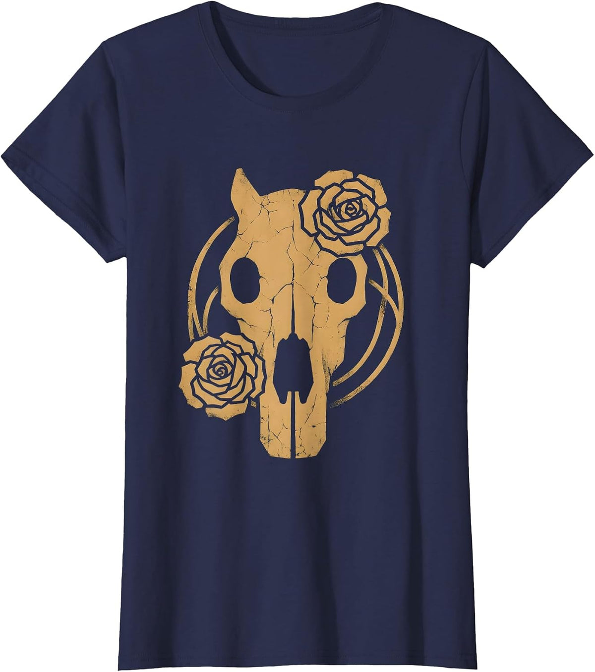 Women's Horse Skull Rose Vines Gothic Floral Art T-Shirt - Navy Blue