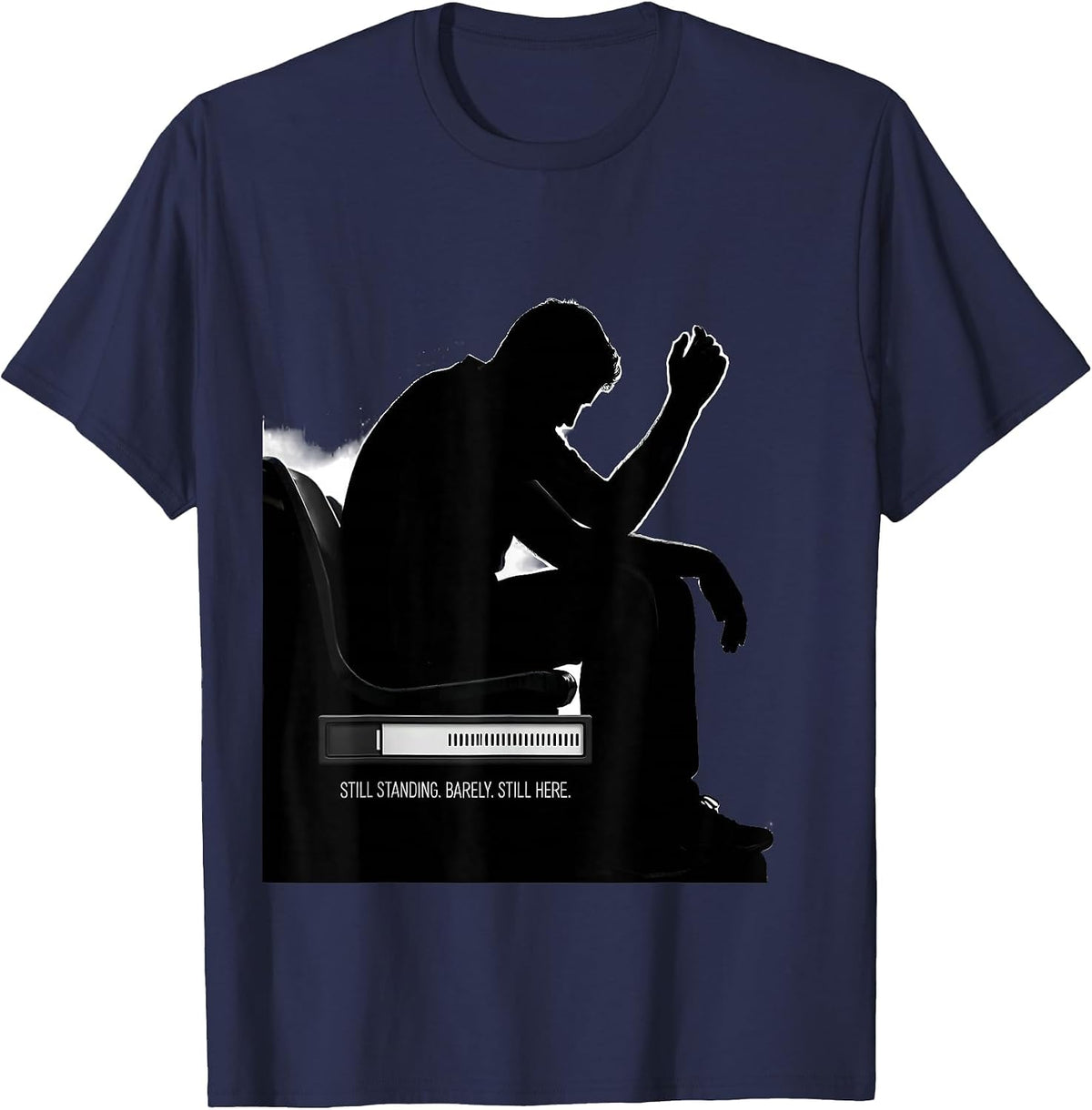 Men's Still Standing Barely Still Here Funny Football Lineman Fan T-Shirt - Navy Blue