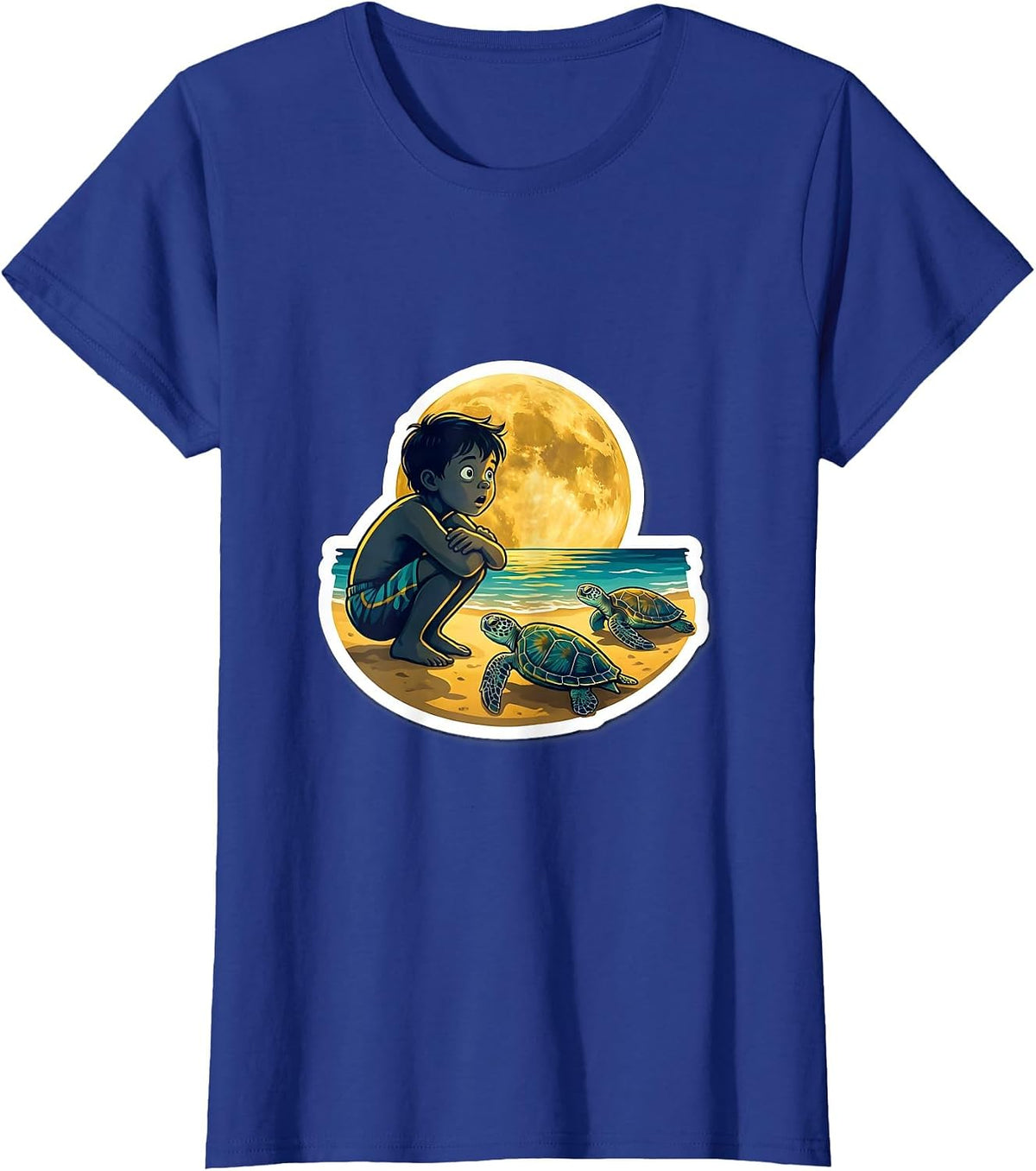 Women's Boys Hawaiian Sea Turtle Nesting Moonlit Beach T-Shirt - Royal Blue