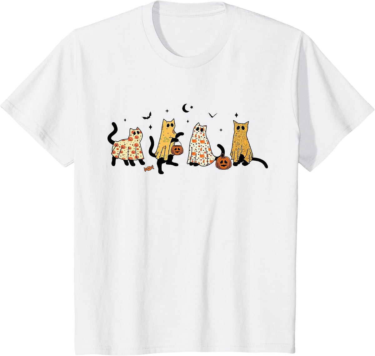 Cute Black Cats in Ghost Costume Women and Men Halloween T-Shirt - White