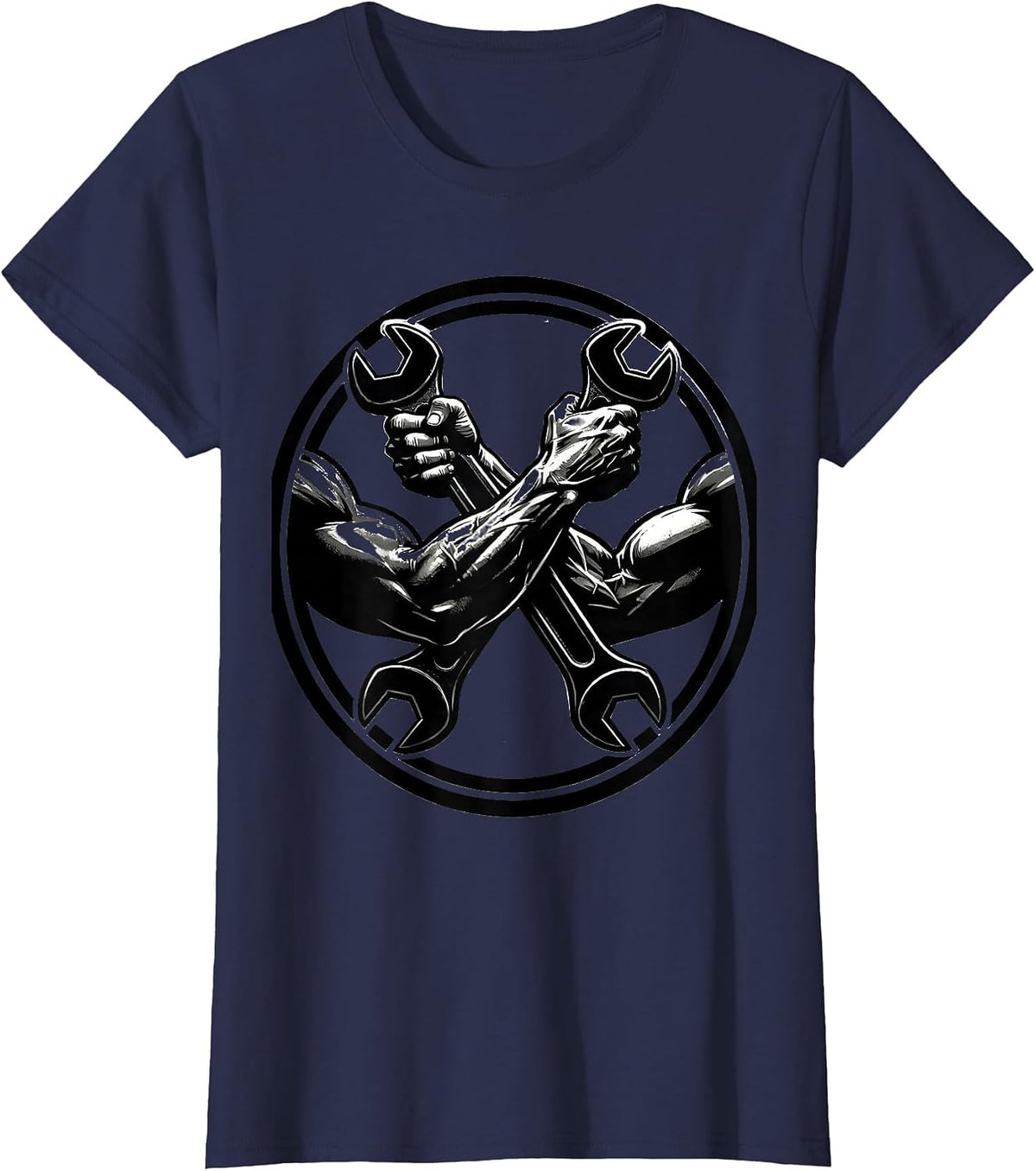 Women's Mechanic Wrench Gripping Muscular Arms Graphic T-Shirt - Navy Blue