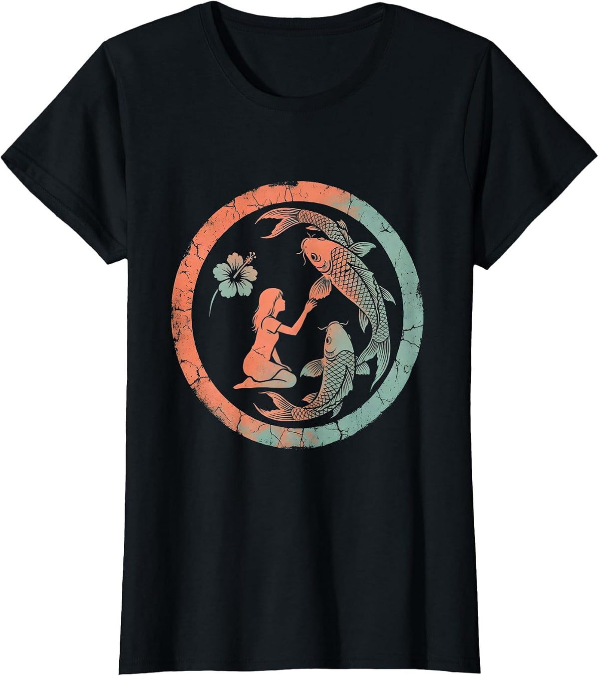 Girl Feeding Koi Fish Garden Pond Hawaiian T-Shirt - Black