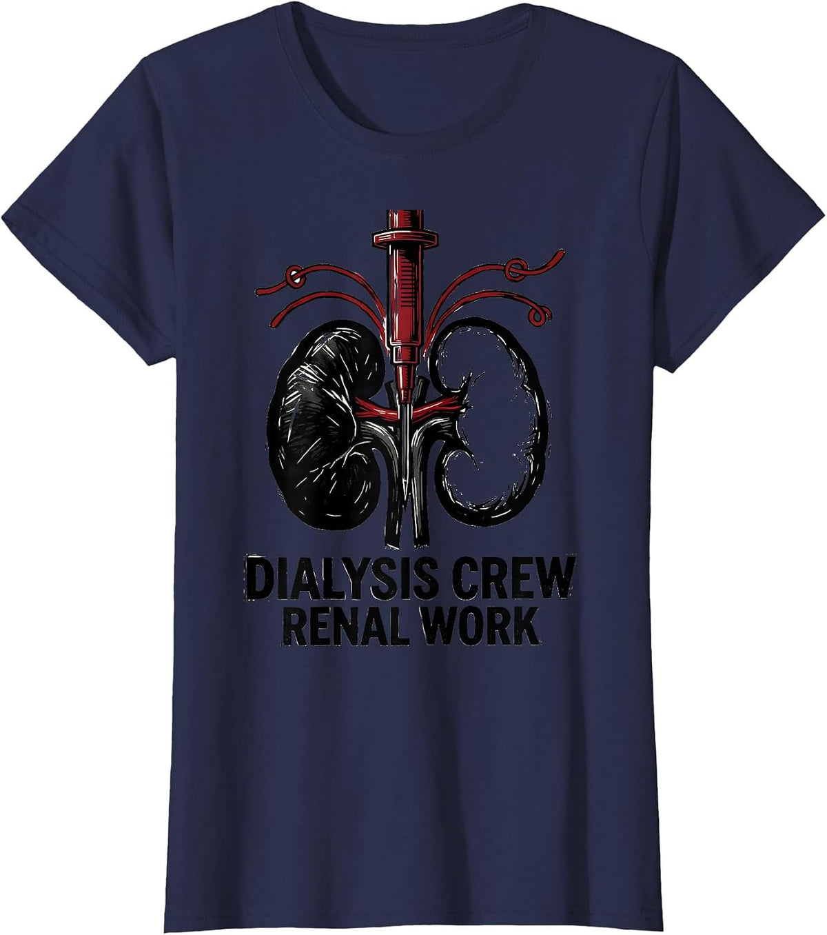 Women's Dialysis Crew Renal Work Linocut Nephrology Nurse Gift T-Shirt - Navy Blue