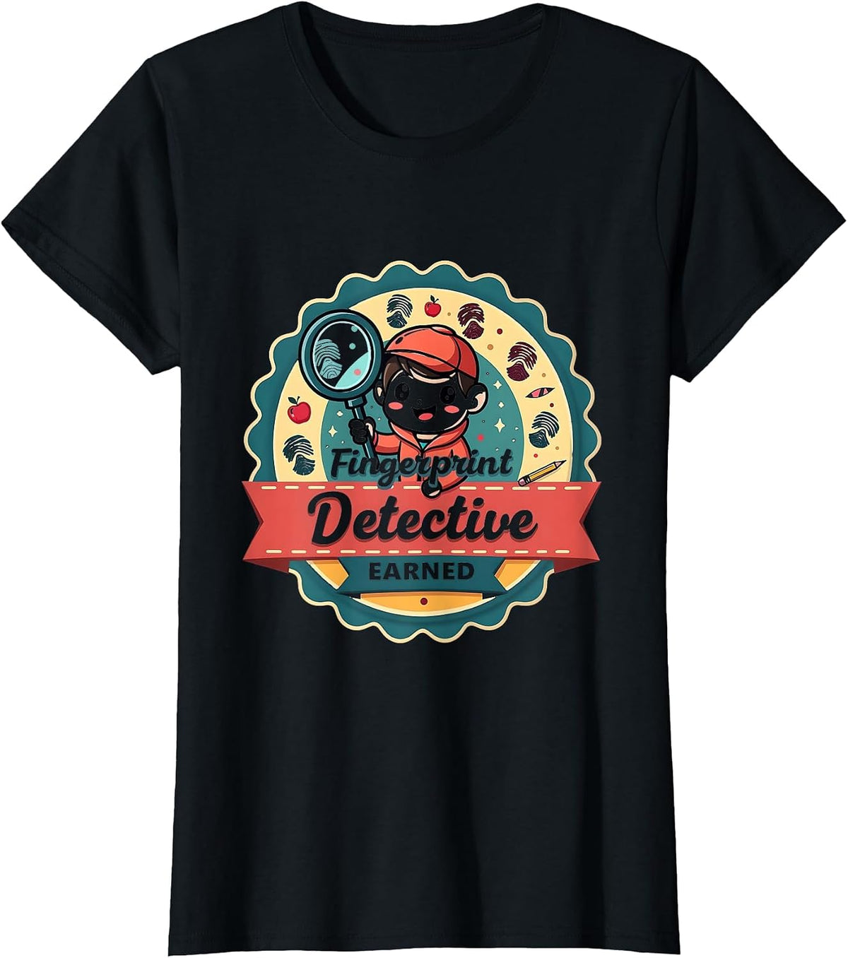 Fingerprint Detective Badge Elementary Teacher T-Shirt - Black