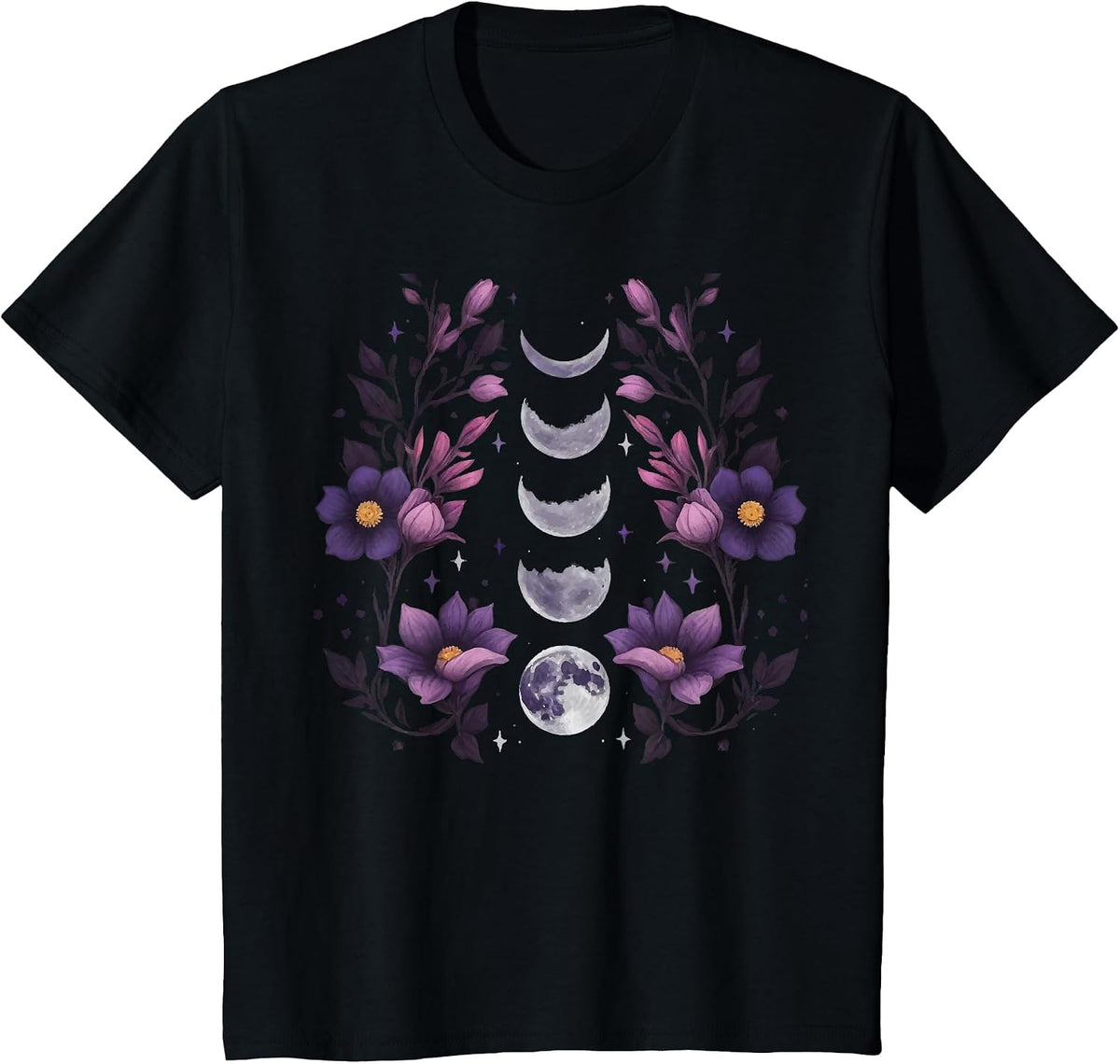 Celestial Moon Phase Boho Wildflowers Zodiac Witchcore T-Shirt - Black