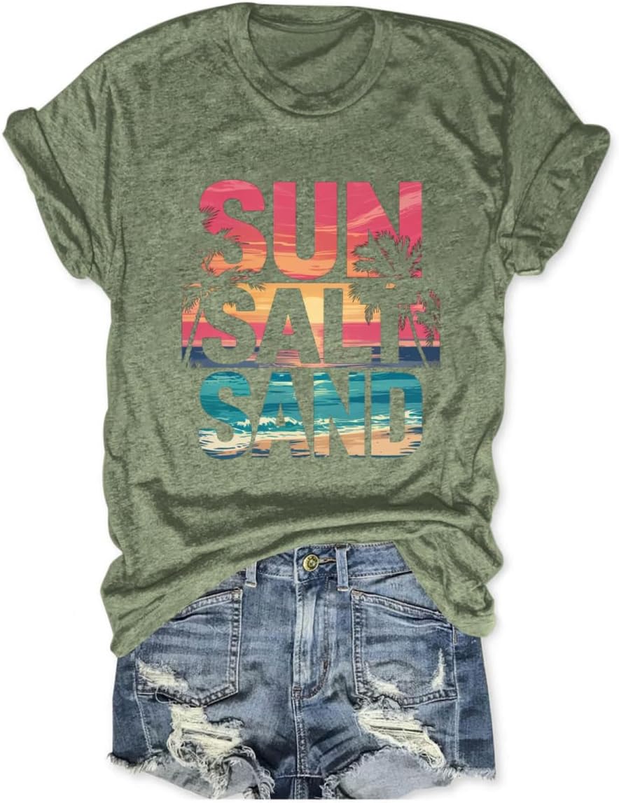 Beach Shirts for Women Sun Salt Sand Tshirt Summer Vacation Crew Neck Coconut Graphic Tees Lake Life T-Shirt - Olive Green