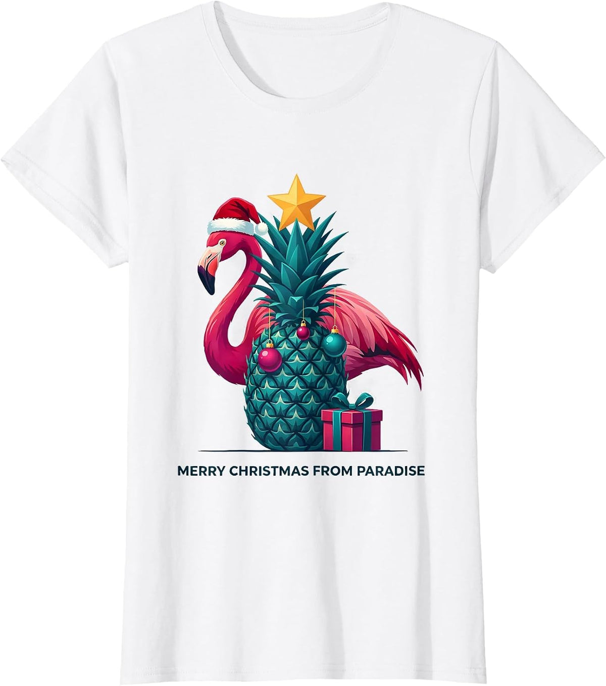 Merry Christmas From Paradise Funny Pink Flamingo Christmas T-Shirt - White