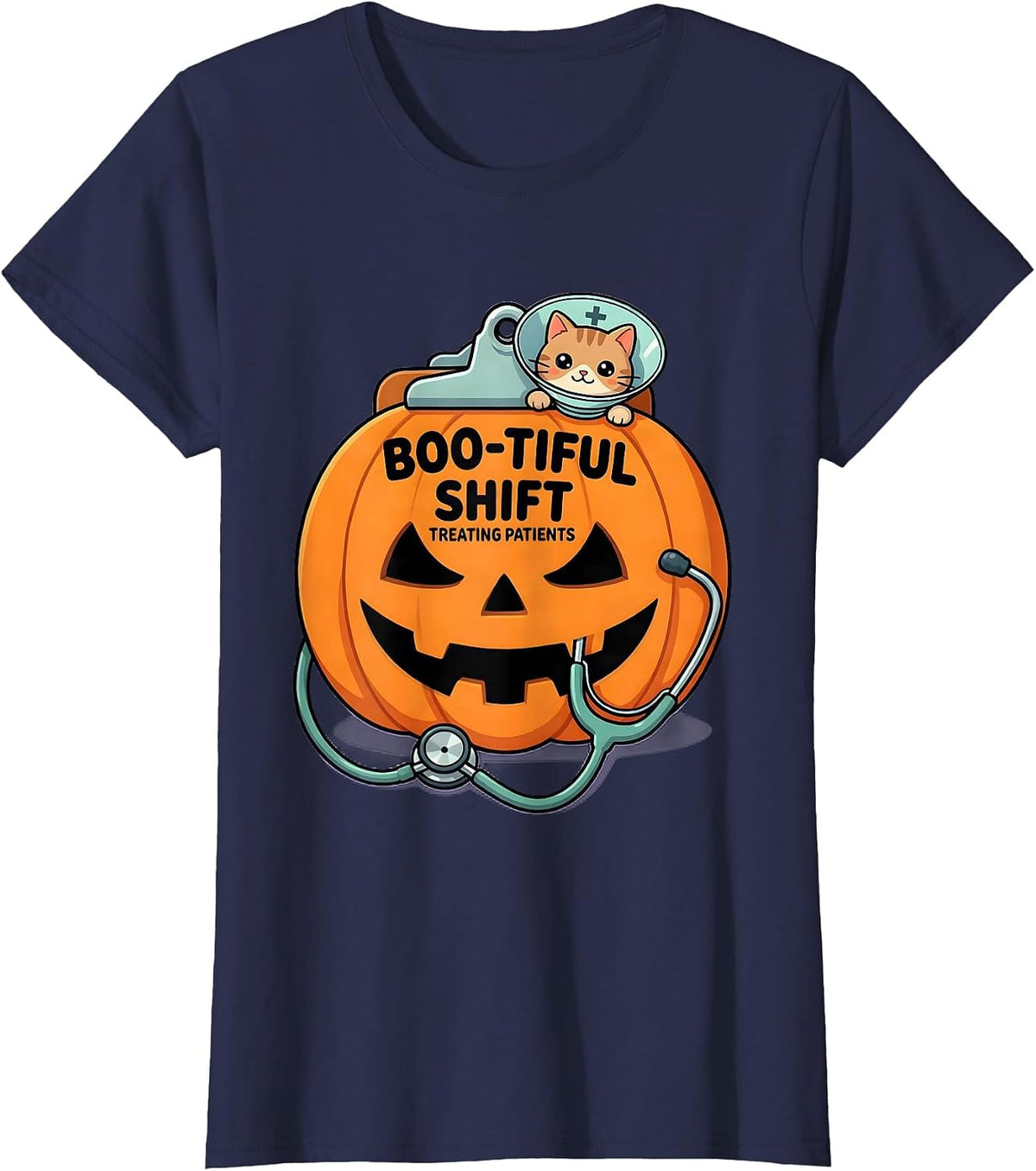 Women's Boo-tiful Shift Treating Patients Cute Kawaii Vet Tech T-Shirt - Navy Blue