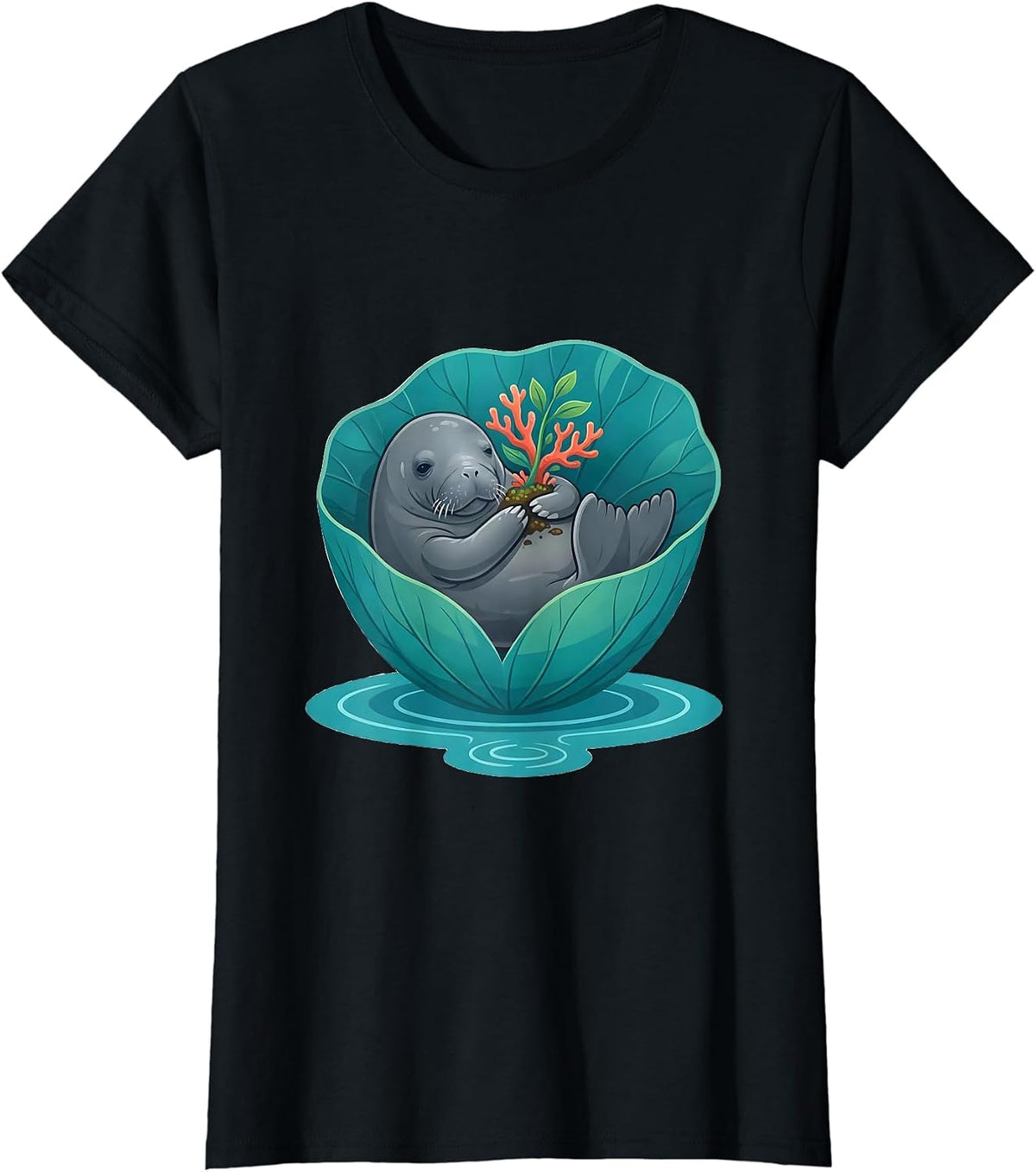Manatee In Lily Leaf Funny Crystal River Florida Souvenir T-Shirt - Black