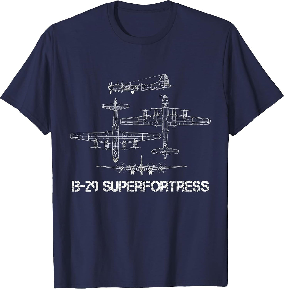 B-29 Superfortress Blueprint Aircraft Schematic WW2 Bomber T-Shirt - Navy Blue