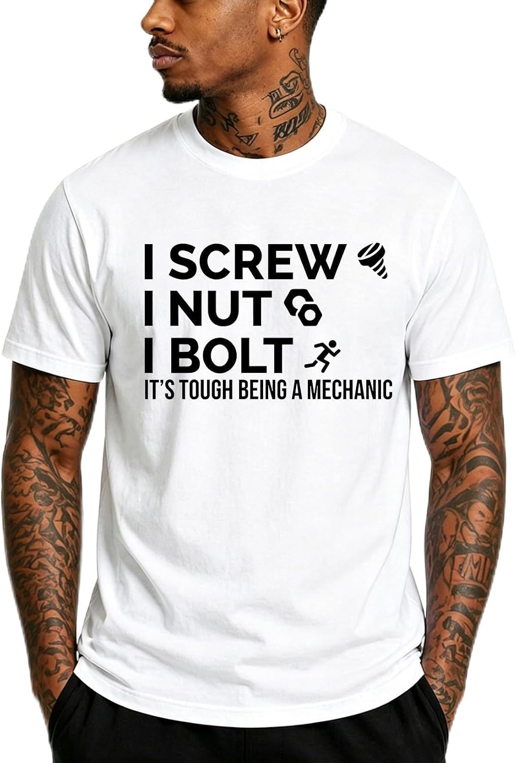 I Screw I Nut I Bolt It's Tough Being A Mechanic T-Shirt Funny Mechanic DT Adult T Shirt for Men - Crew Neck White
