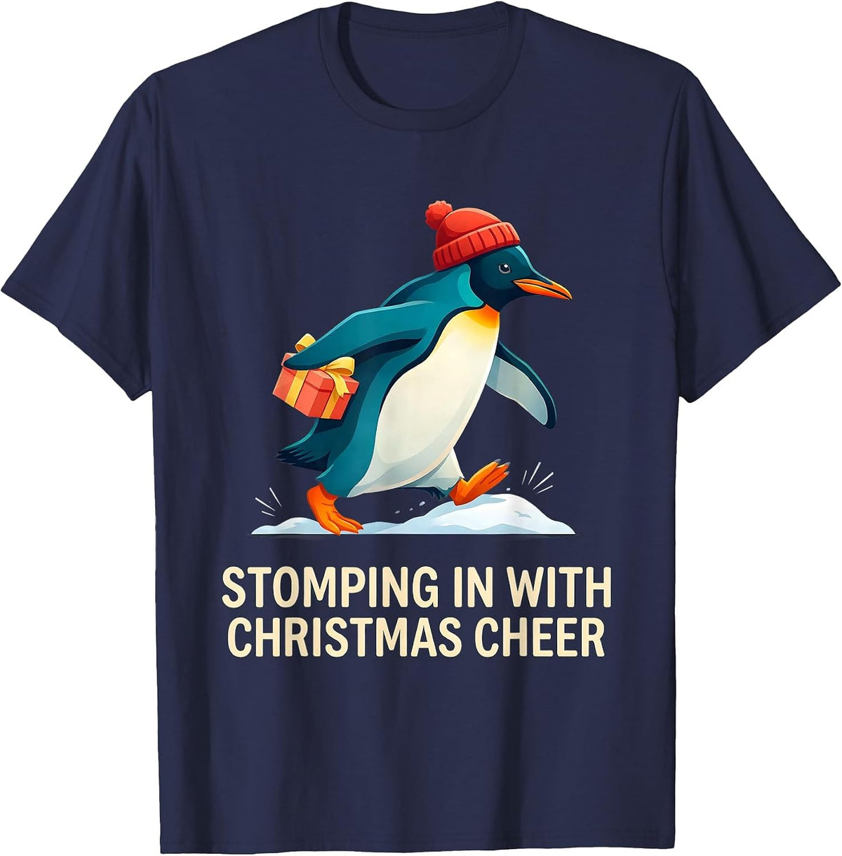 Men's Stomping In With Christmas Cheer Funny Penguin Lover T-Shirt - Navy Blue