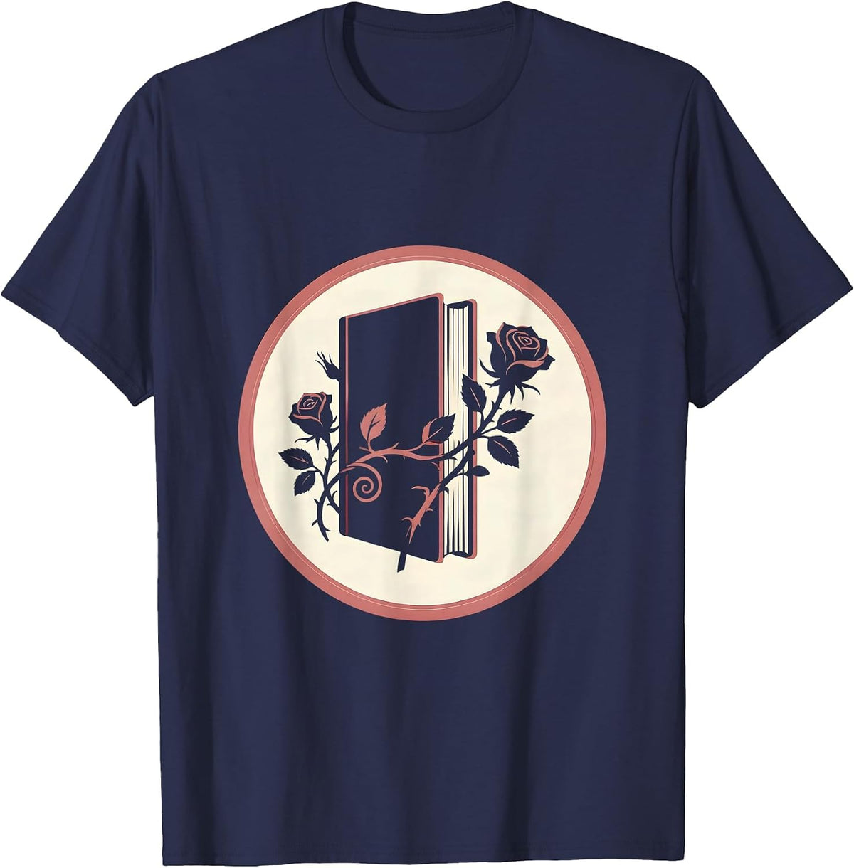 Men's Book Spine Climbing Rose Vines Illustration T-Shirt - Navy Blue