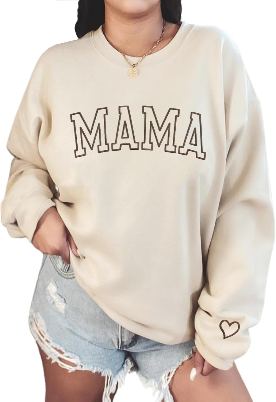 NAZENTI Embroidered Mama Sweatshirt, Mothers Day Sweatshirt Gifts for Mom Mama, Embroidered Crewneck Sweatshirt for Women -