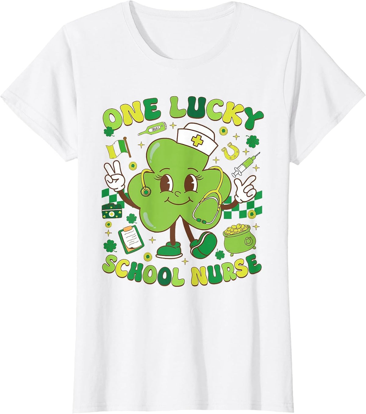 One Lucky School Nurse St Patrick's Day Spirit Shamrock T-Shirt - White