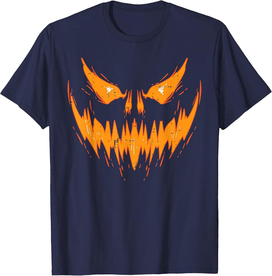 Scary Spooky Jack O Lantern Face Pumpkin Halloween Men Boys T-Shirt - Navy Blue