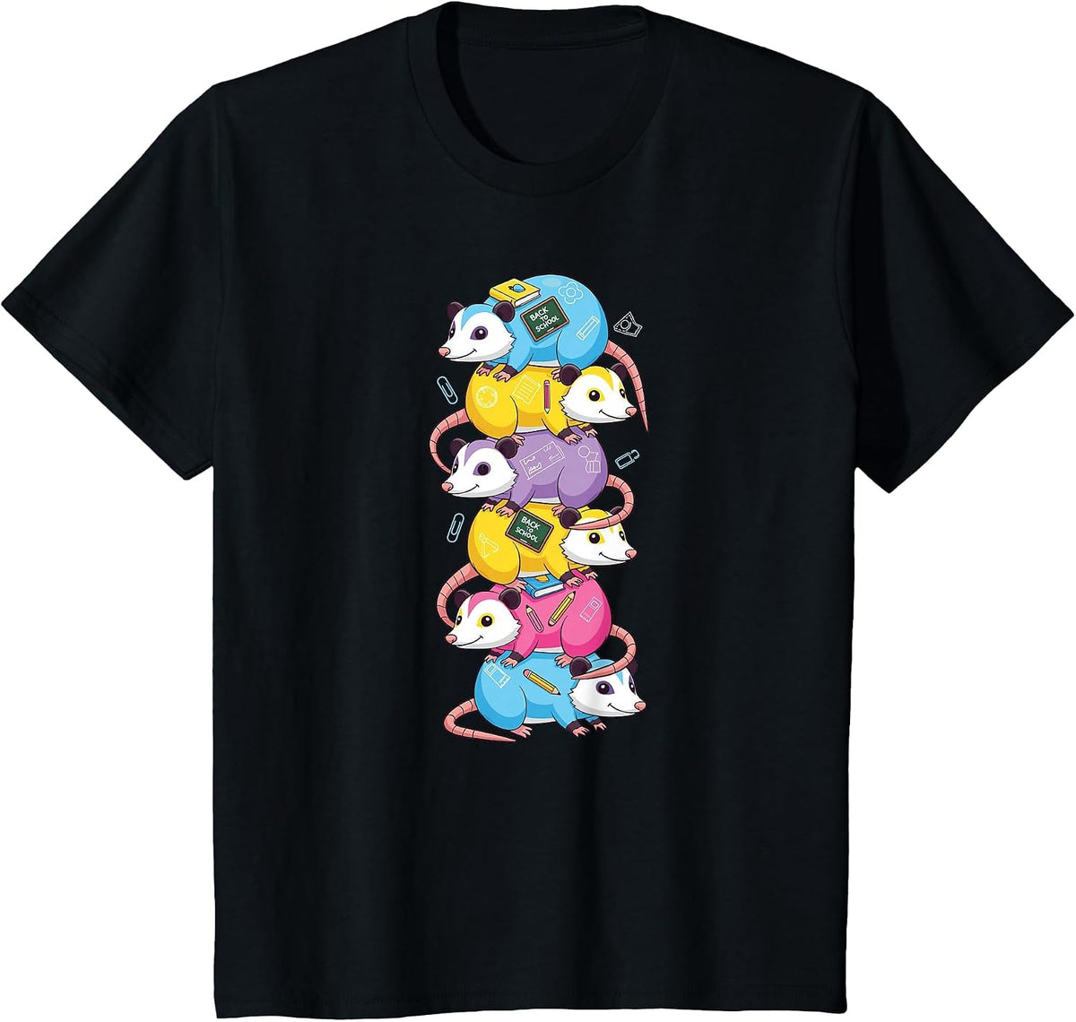 Funny Possum Colorful Rainbow Back to School Kids Boys Girls T-Shirt - Black