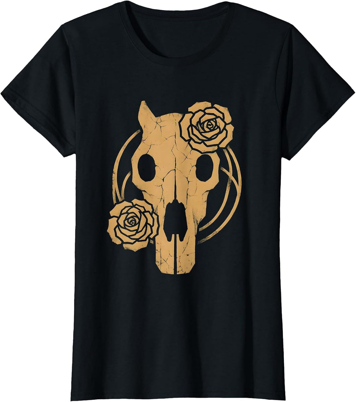 Women's Horse Skull Rose Vines Gothic Floral Art T-Shirt - Black