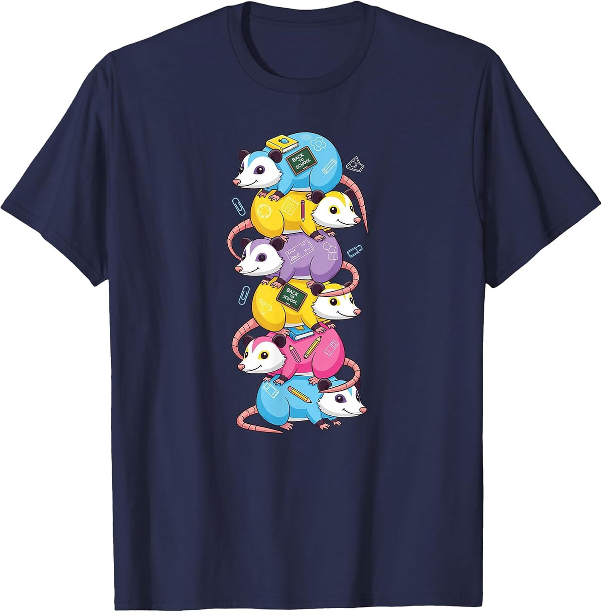 Funny Possum Colorful Rainbow Back to School Kids Boys Girls T-Shirt - Navy Blue