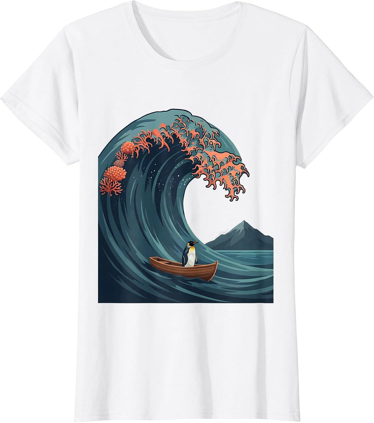 Great Wave Tiny Penguin Flat Vector Animal Meme T-Shirt - White