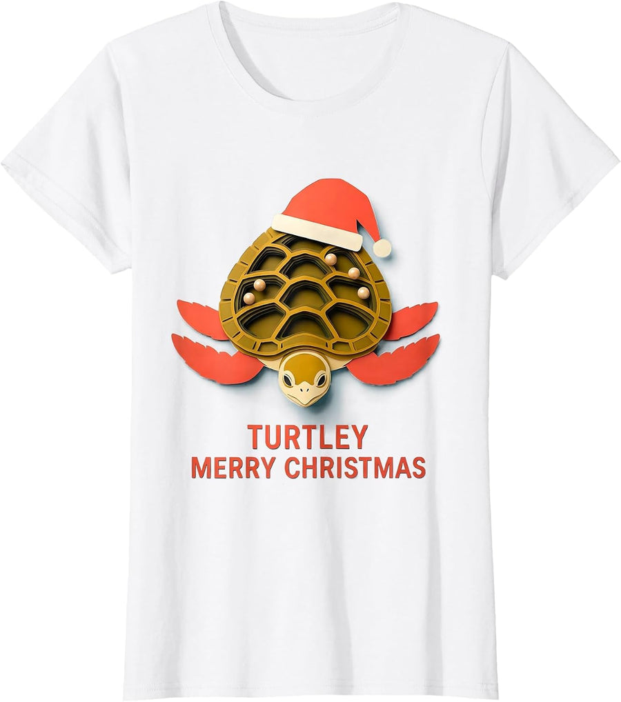 Women's Turtley Merry Christmas Paper Cutout Sea Turtle Lover T-Shirt - White