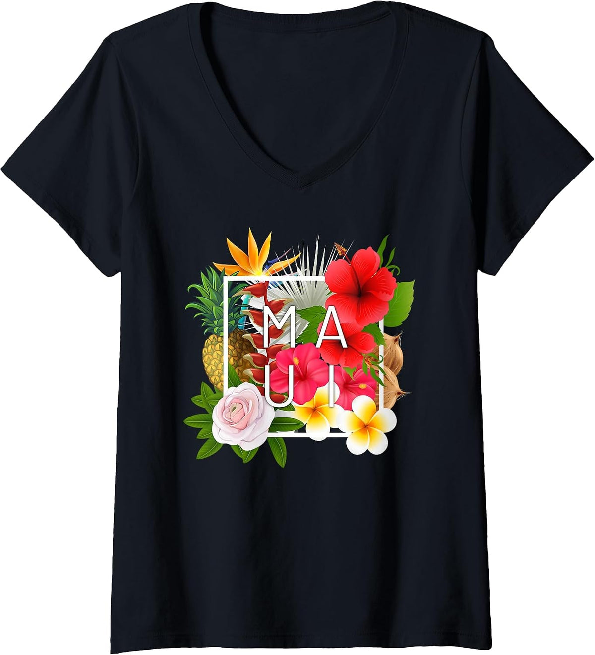 Women's Flowers of Maui Word Art - Hawaiian Island Souvenir V-Neck T-Shirt - Black