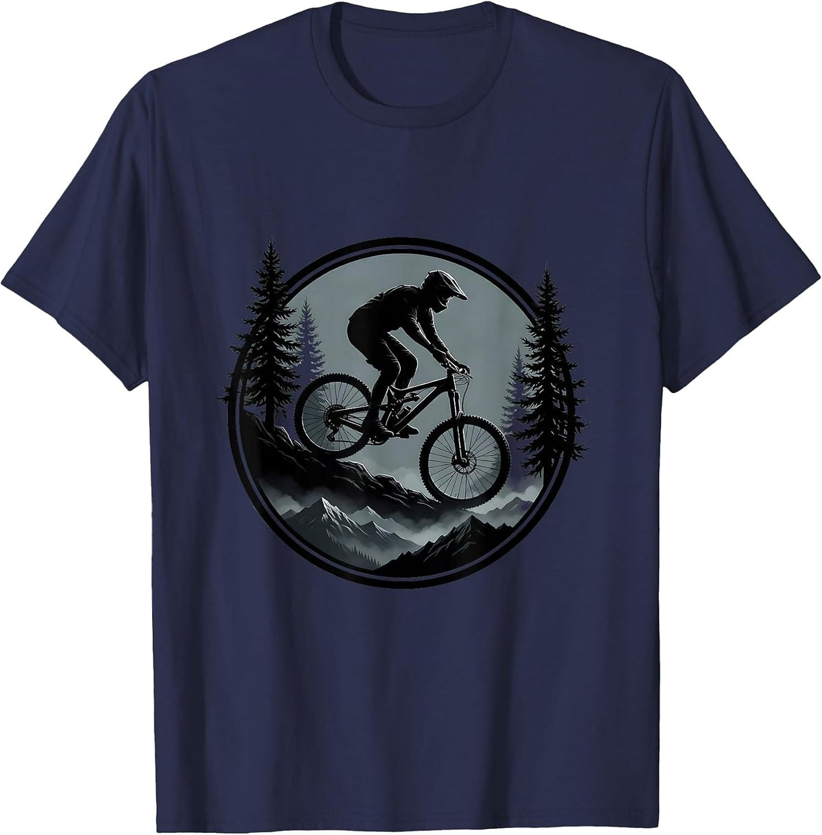 Mountain Biker Descending Misty Forest Trail T-Shirt - Navy Blue