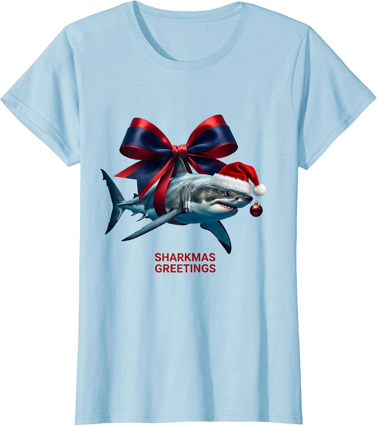 Sharkmas Greetings Funny Shark Santa Hat Christmas Lights T-Shirt - Baby Blue