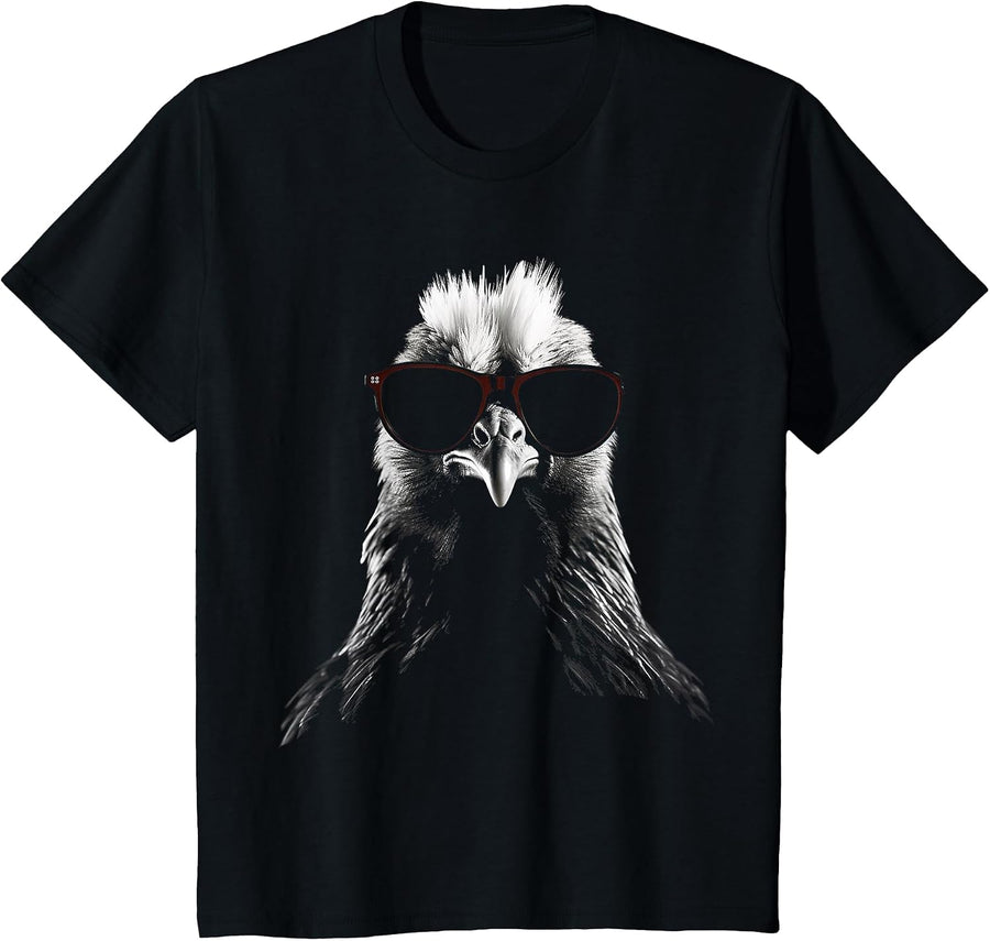 Chicken Drawing Sunglass Animal Graphic Chicken T-Shirt - Black
