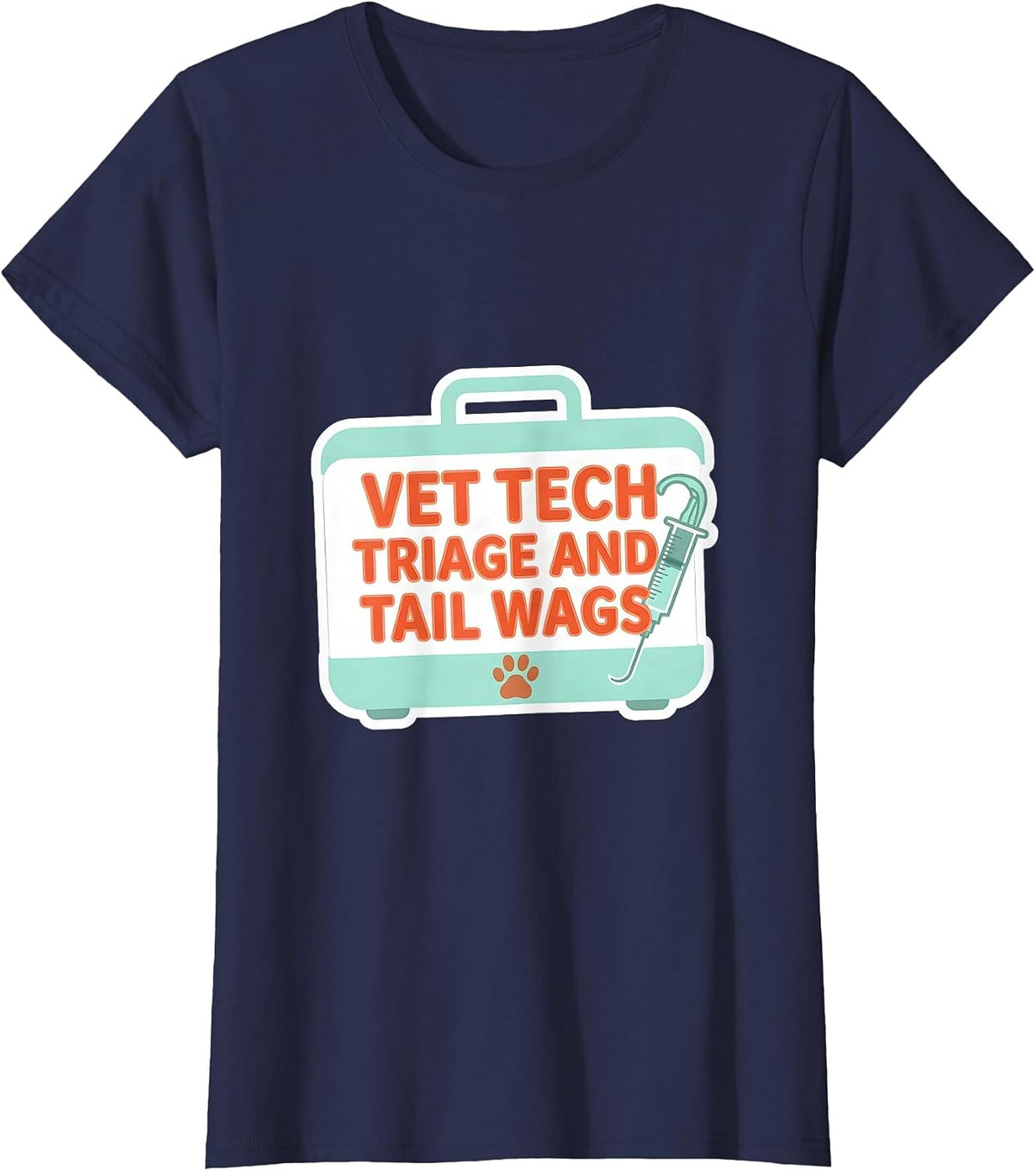 Women's Vet Tech Triage and Tail Wags Sticker Style Veterinary T-Shirt - Navy Blue