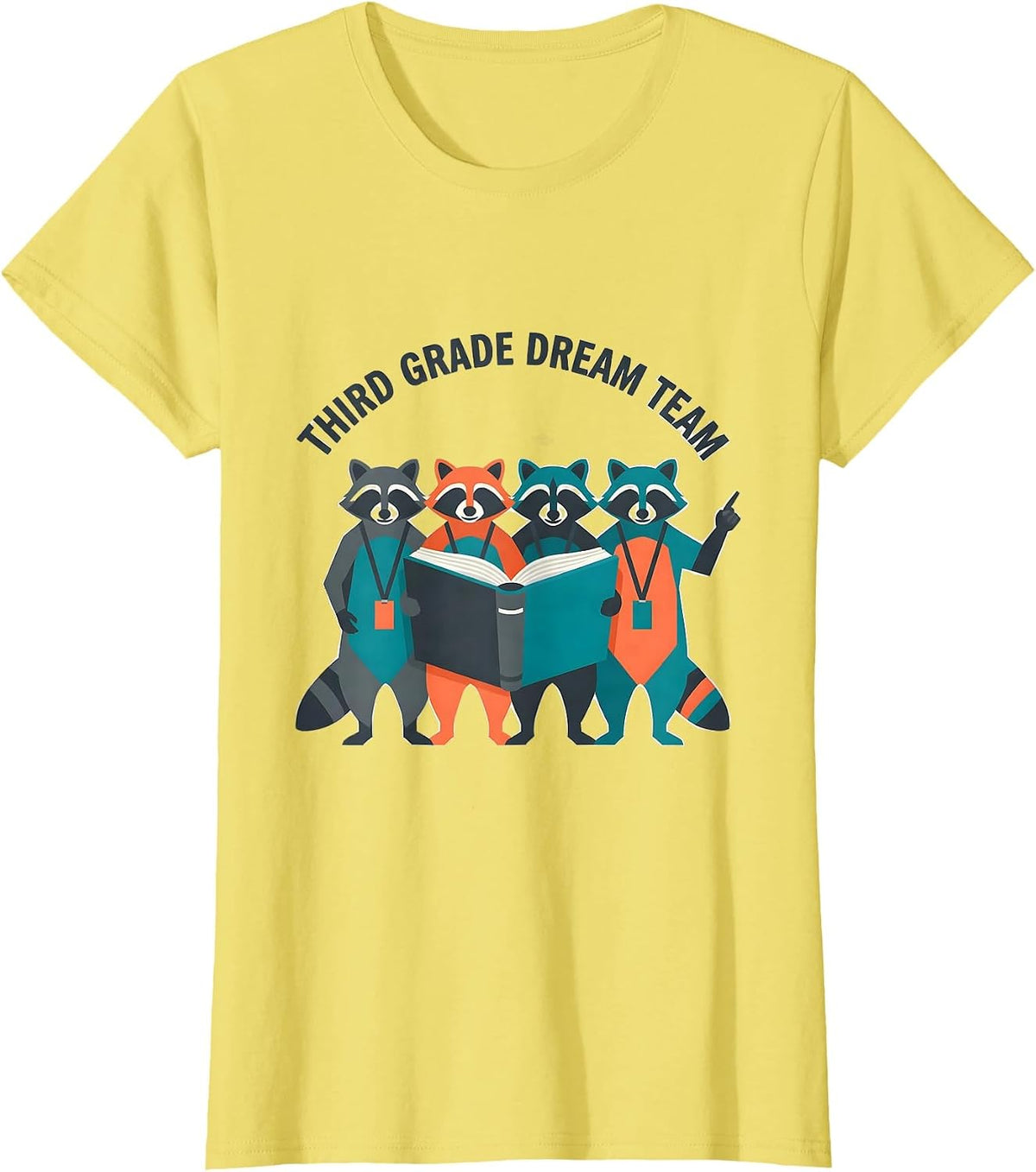 Women's Third Grade Dream Team Flat Vector Raccoon Teacher Back T-Shirt - Lemon Yellow