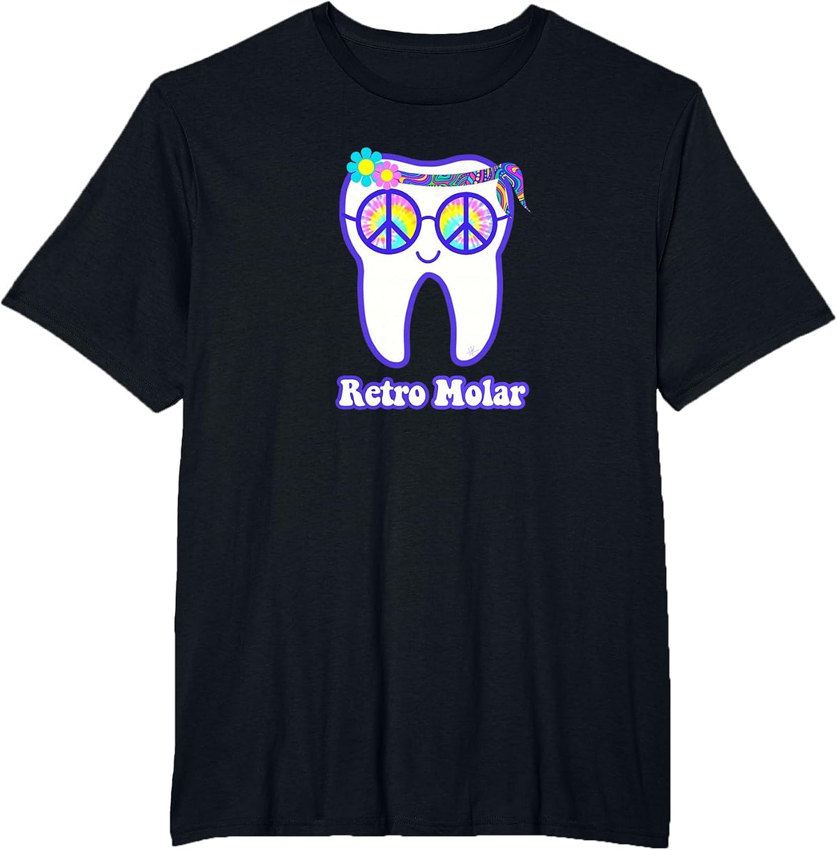 Retro Molar Tooth Hippie Peace Dental Hygienist Dentist RDH T-Shirt - Black