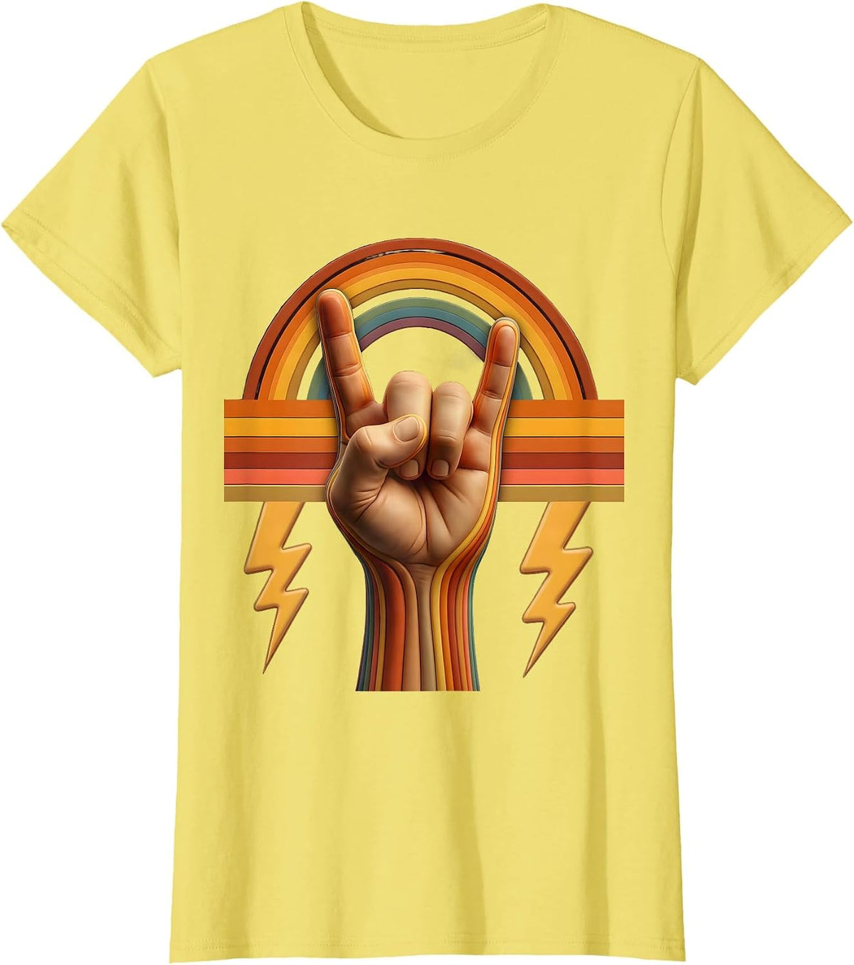 80s Rock Metal Horns Hand Sign Lightning Bolt T-Shirt - Lemon Yellow