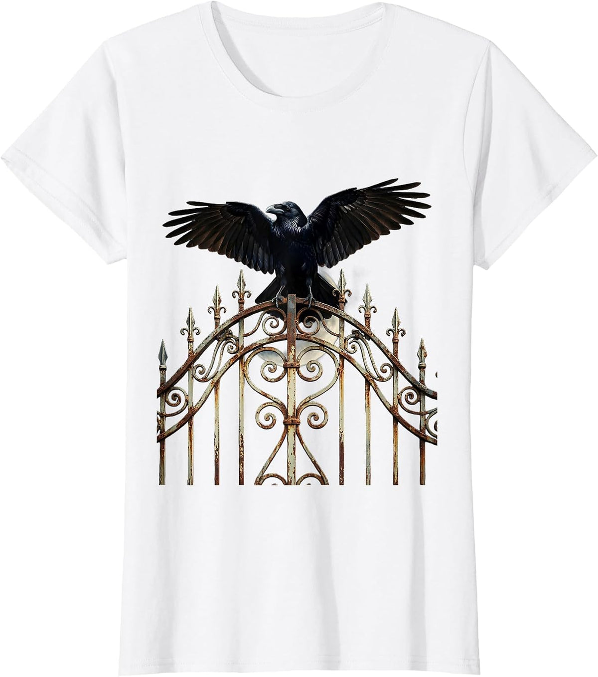 Salem Raven on Wrought Iron Gate Illustration T-Shirt - White
